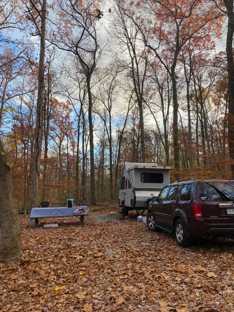 Campsite view of the trailer popped up.