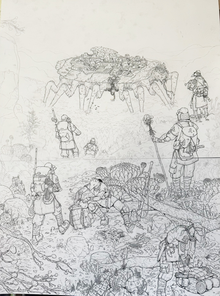 pencil/ink drawing of an alien people breaking camp. on a journey back to their home- a village built on the back of a gigantic 14 legged animal.