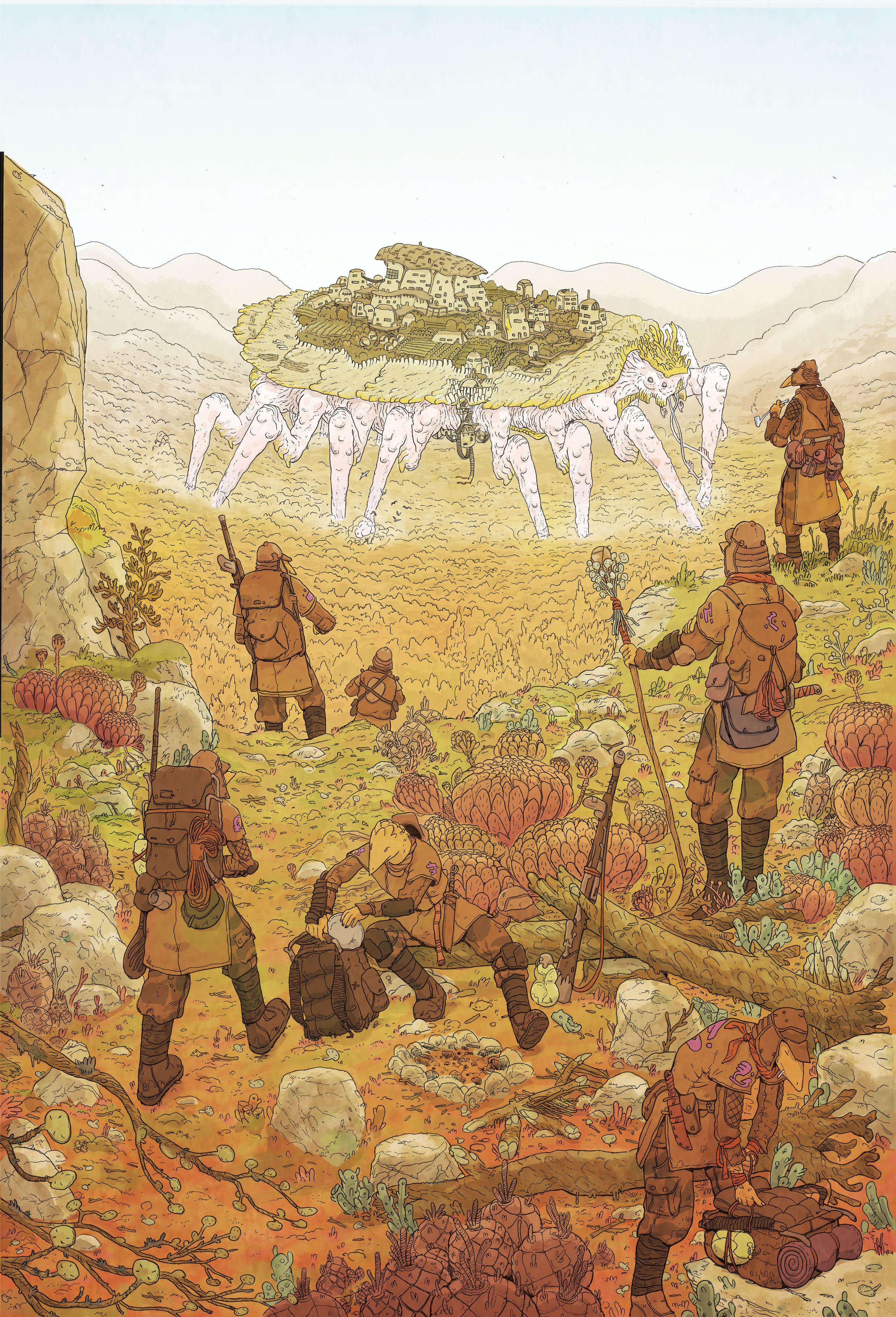 drawing of an alien world where the people live in cities atop the backs of huge Chiro beasts.